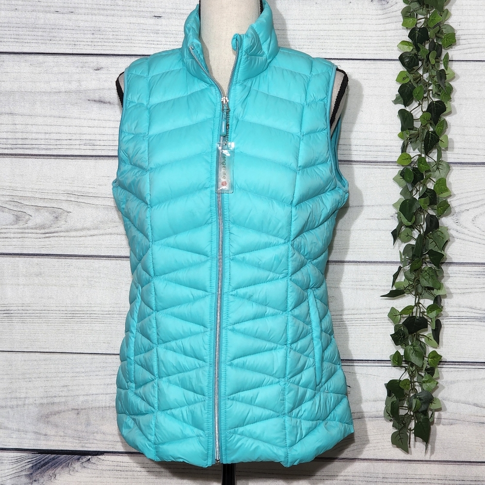 Tangerine Aqua Duck Down Full Zip Puffer Vest, Medium